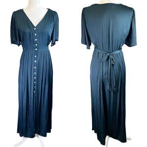 OYSHO Maxi Green Satin Cottage Feminine Regency Flutter Sleeve Tie Button Size L